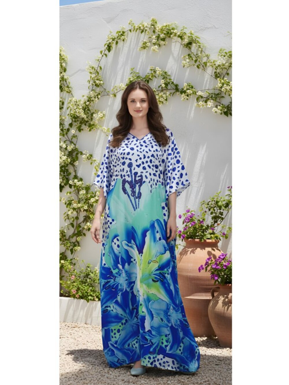 White Floral Abstract Satin Silk Kaftan Dress Elegant Plus Size 1X-3X